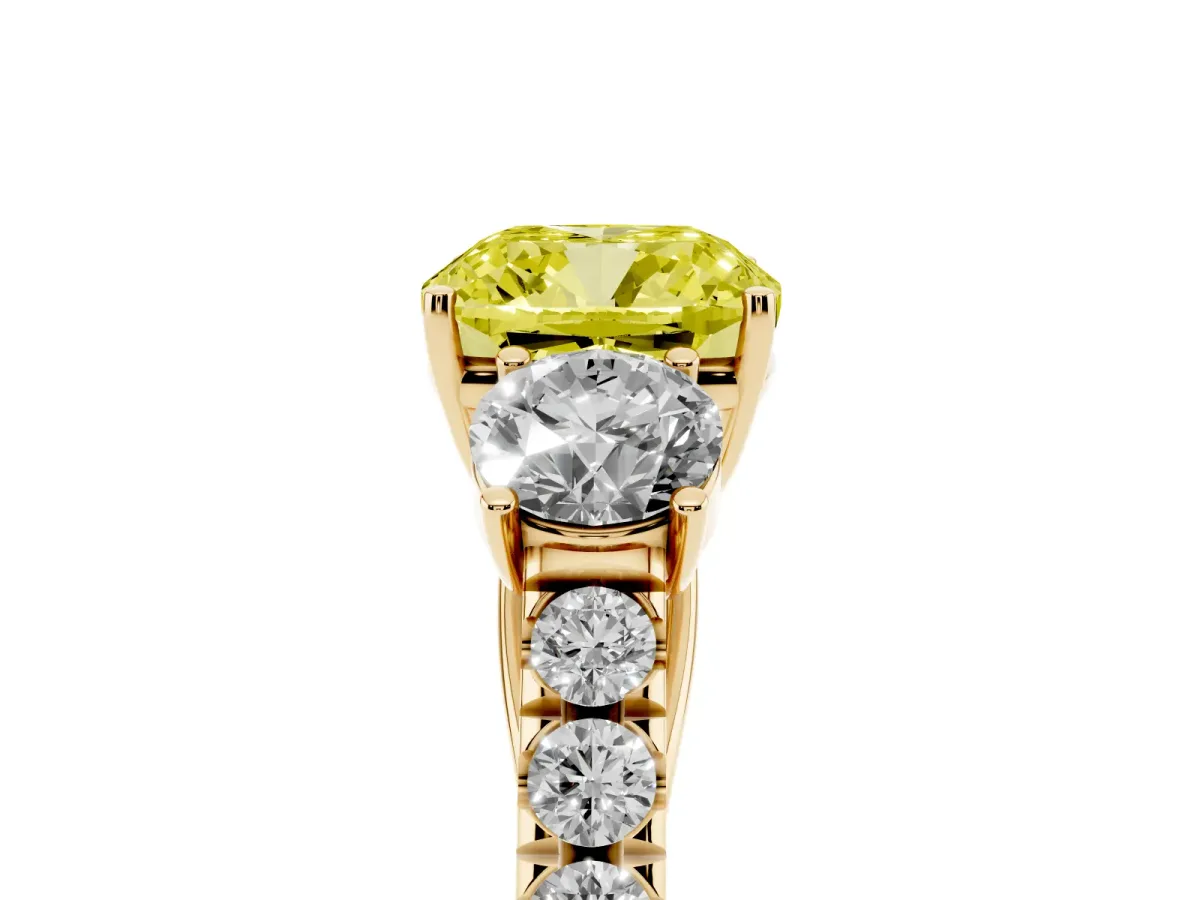 Fancy Yellow Cushion Cut Cut Diamond Three-Stone Ring with Round Side Stones and Pavé Band Yellow gold