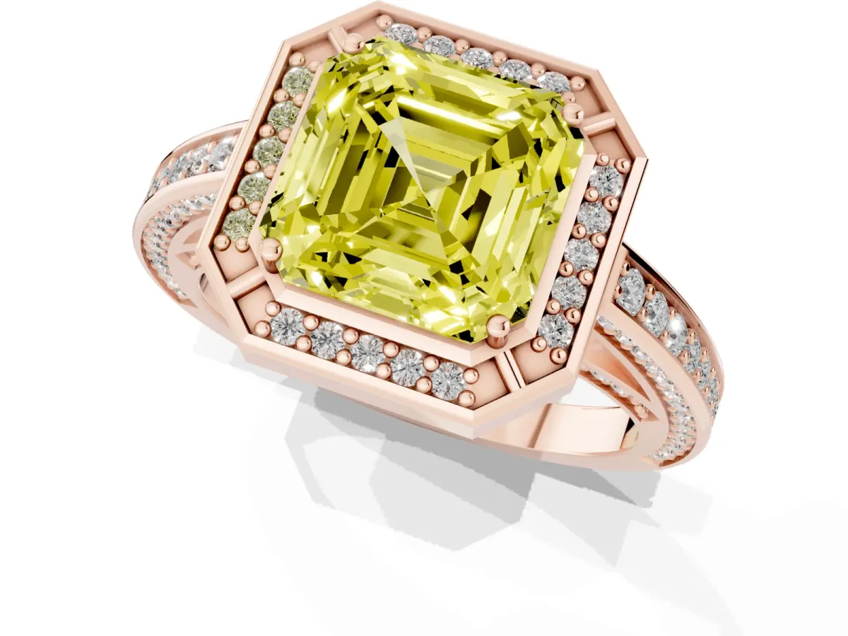 Fancy Yellow Asscher Cut Cut Halo Pave Split Shank Prong Setting Ring Rose gold