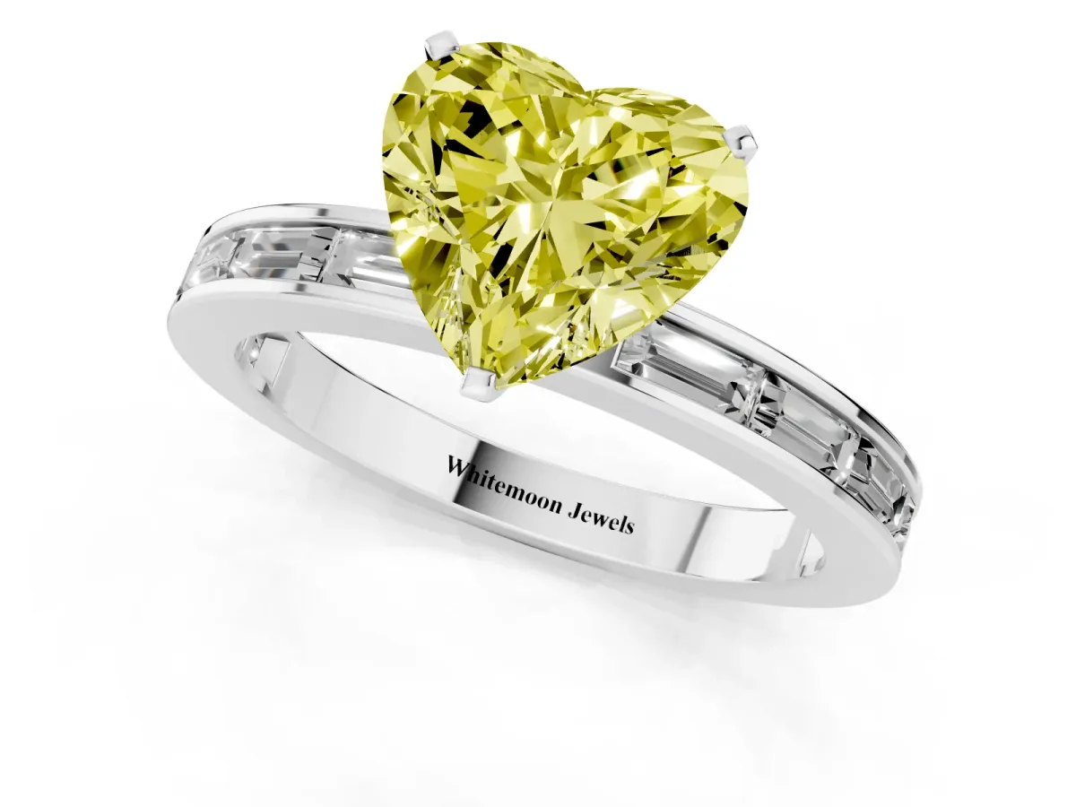 Fancy Yellow Heart Cut Solitaire Diamond Ring with Channel-Set Baguette Band and Four-Prong Setting Silver