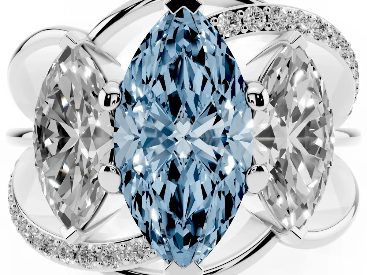 Fancy Blue Three-Stone Marquise Cut Cut Diamond Split Shank Prong Set Ring White gold