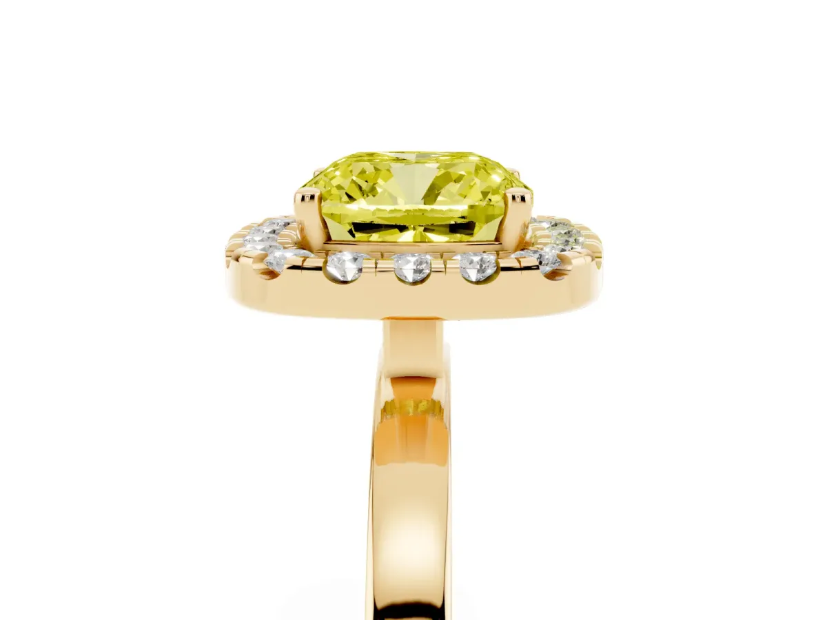Fancy Yellow Cushion Cut Halo Diamond Solitaire with Pavé Band and Four-Prong Setting Yellow gold
