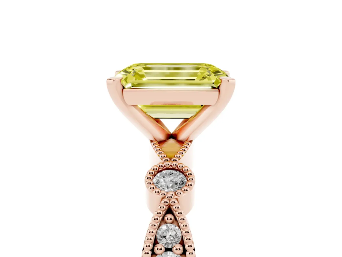 Fancy Yellow Emerald Cut Milgrain Bezel Diamond Engagement Ring with Solitaire Prong Setting Rose gold