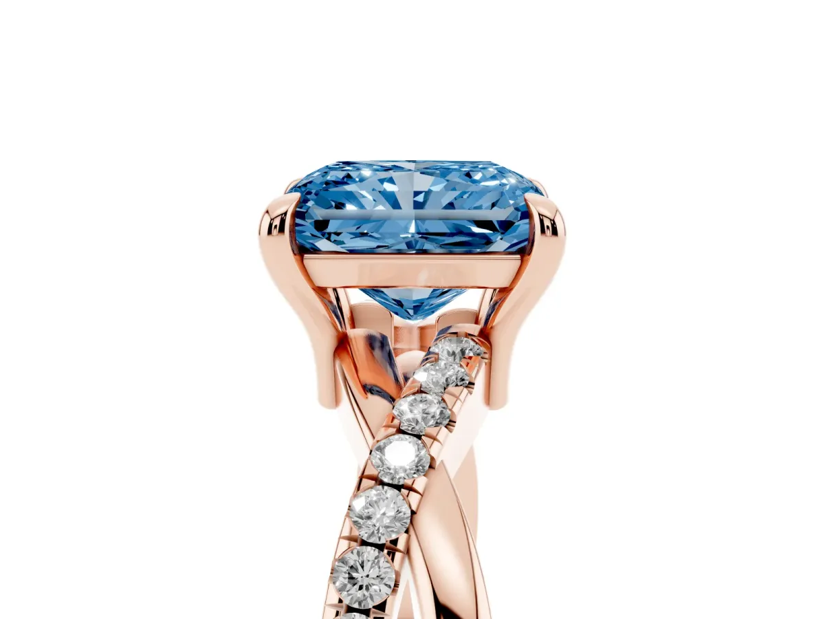 Fancy Blue Radiant Cut Cut Diamond Twist Band Solitaire with Prong Setting Rose gold