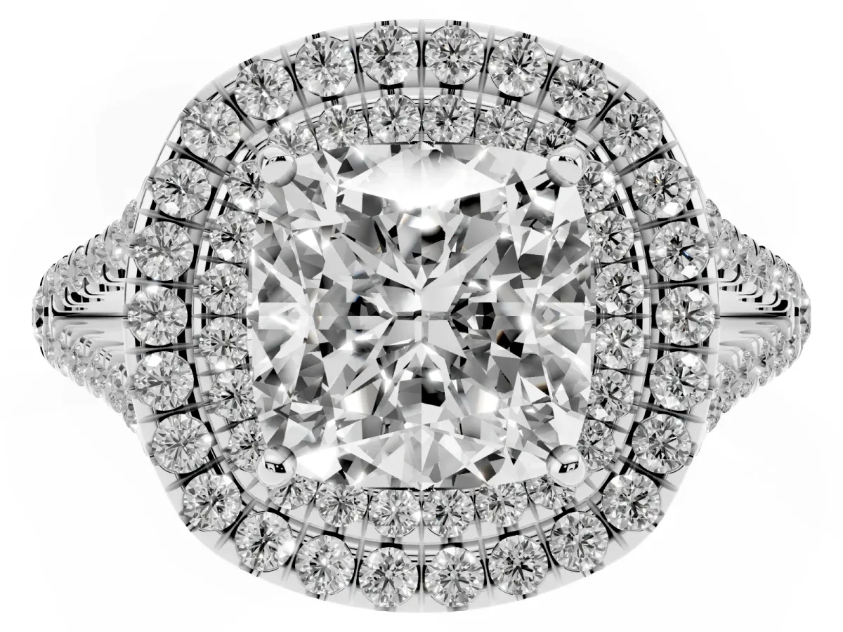 Cushion Cut Diamond Double Halo Ring with Pavé Band and Prong Setting Platinum