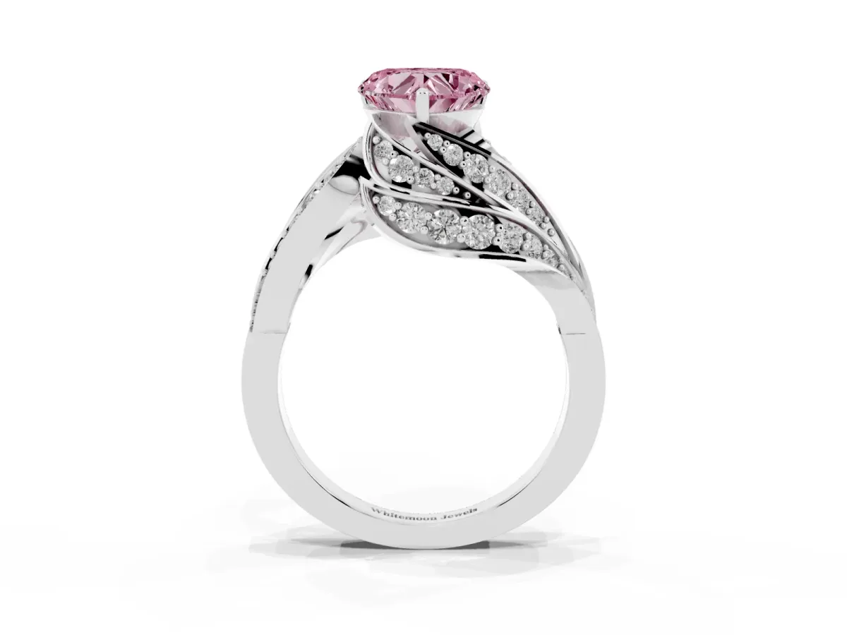 Fancy Pink Heart Cut Diamond Solitaire Ring with Prong Setting and Twisted Pavé Band Silver