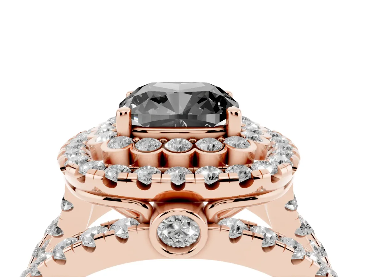 Fancy Black Cushion Cut Diamond Double Halo Ring with Round Pavé Split Shank and Prong Setting Rose gold