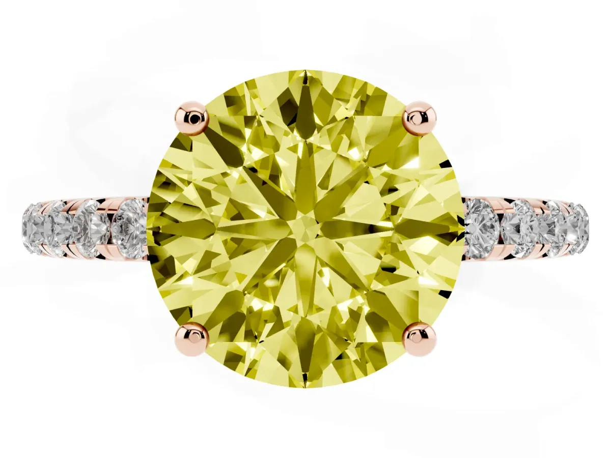 Fancy Yellow Round Cut Cut Diamond Solitaire Ring with Micro Pave Band and Four Prong Setting Rose gold