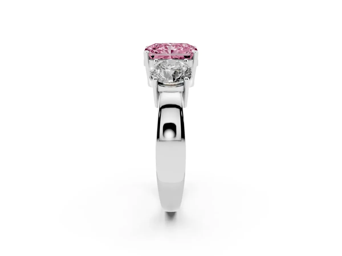 Fancy Pink Three-Stone Radiant Cut Diamond Ring with Round Side Stones, Classic Band, and Four-Prong Setting Silver