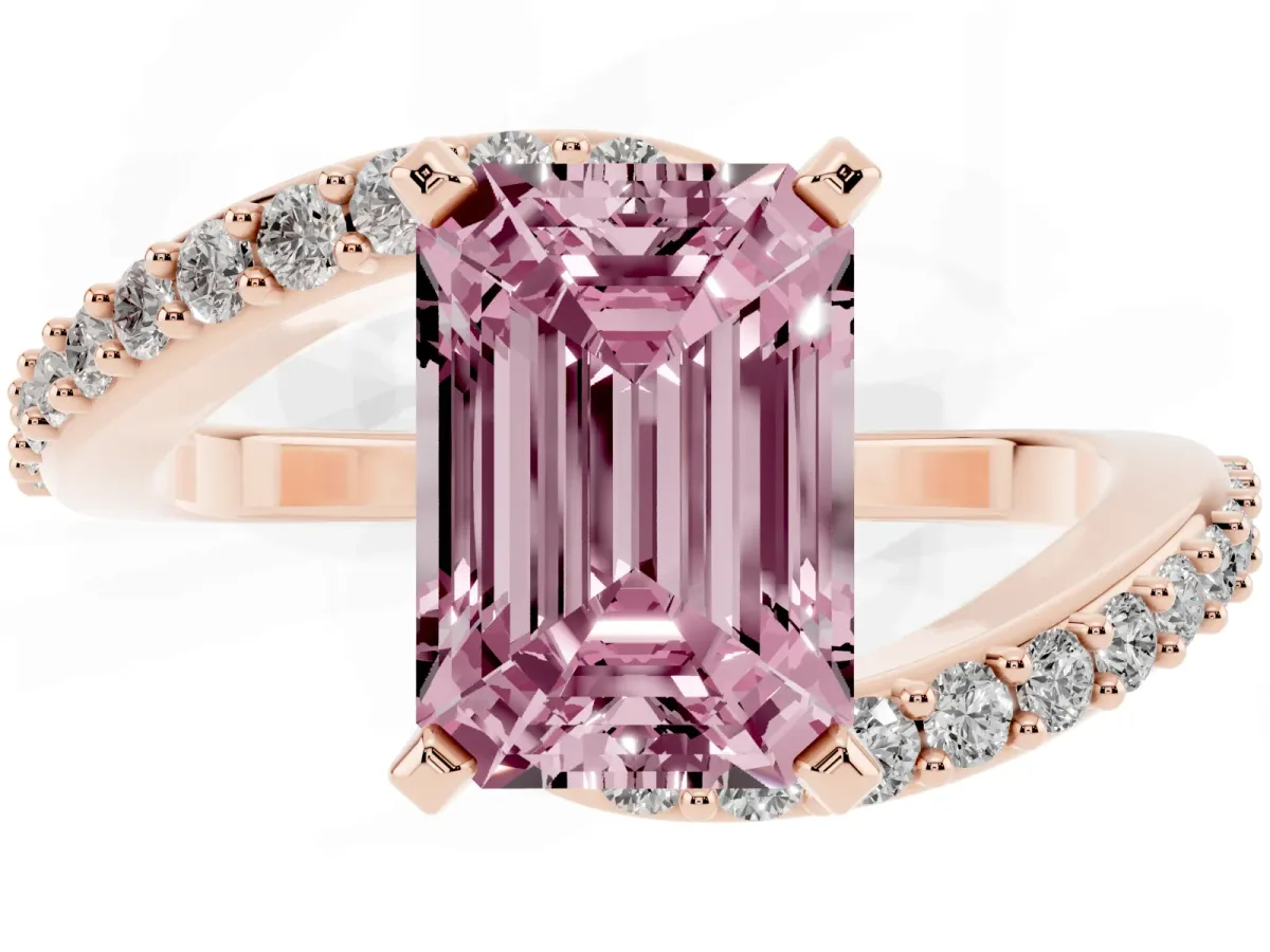 Fancy Pink Emerald Cut Solitaire Twist Band with Pave Set Diamonds and Four-Prong Setting Rose gold