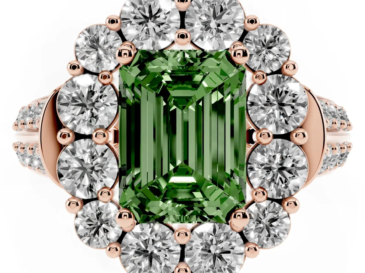 Fancy Green Emerald Cut Halo Diamond Engagement Ring with Split Shank and Prong Setting Rose gold