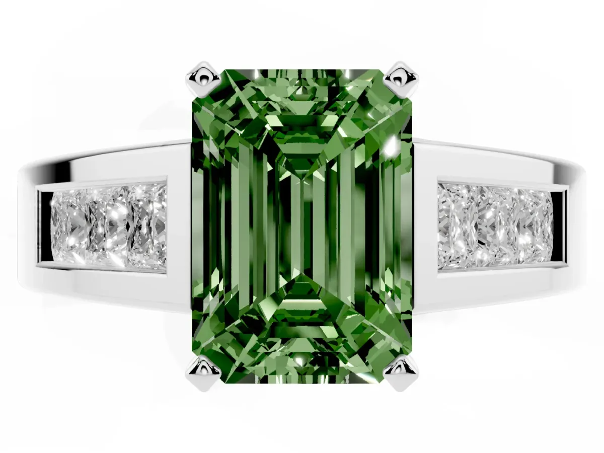 Fancy Green Emerald Cut Cut Channel Set Solitaire Ring with Four-Prong Setting Silver
