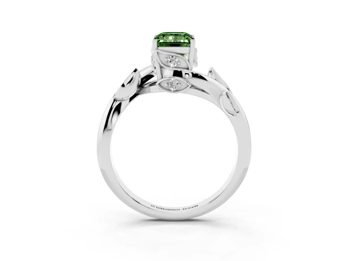 Fancy Green Emerald Cut Solitaire Twist Engagement Ring with Leaf Accents and Prong Setting Silver