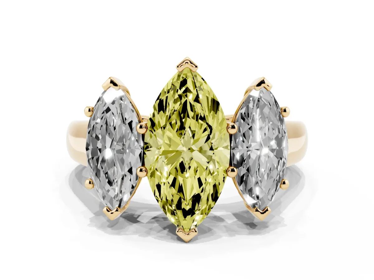 Fancy Yellow Marquise Cut Three-Stone Diamond Ring with Prong Setting on a Classic Band Yellow gold