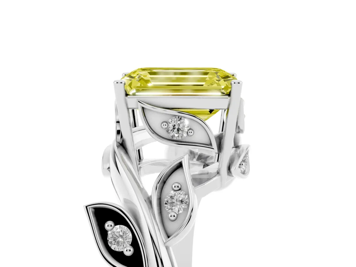 Fancy Yellow Emerald Cut Solitaire Twist Engagement Ring with Leaf Accents and Prong Setting Silver