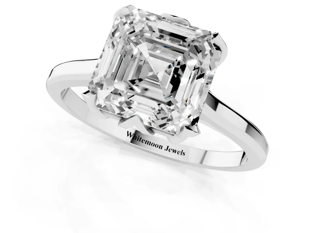 Asscher Cut Diamond Solitaire Ring with Flower Prong Setting and Classic Band Silver