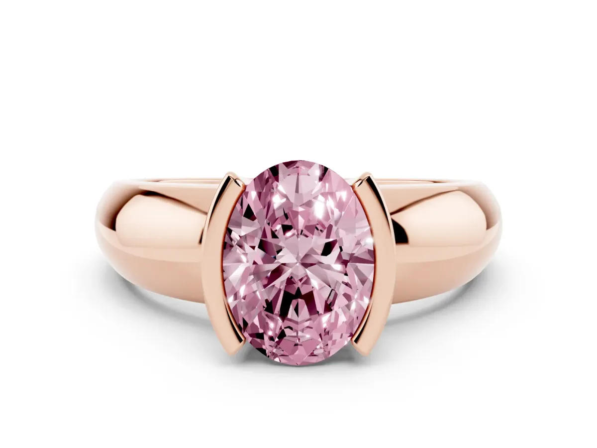Fancy Pink Oval Cut Solitaire Tension Set Diamond Ring with Wide Band Rose gold