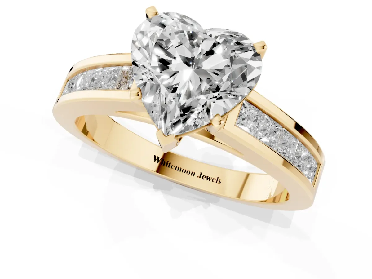 Heart Cut Solitaire Diamond Ring with Channel-Set Band and Four-Prong Setting Yellow gold