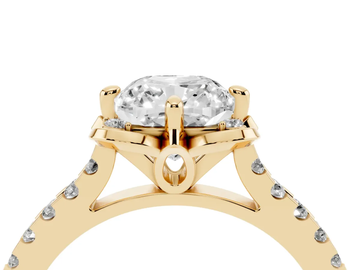 Cushion Cut Diamond Ring with Pavé Band and Floral Prong Setting Yellow gold