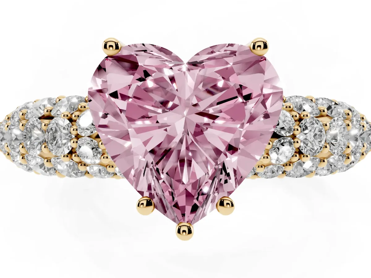 Fancy Pink Heart Cut Diamond Pavé Band Solitaire Ring with Four-Prong Setting Yellow gold