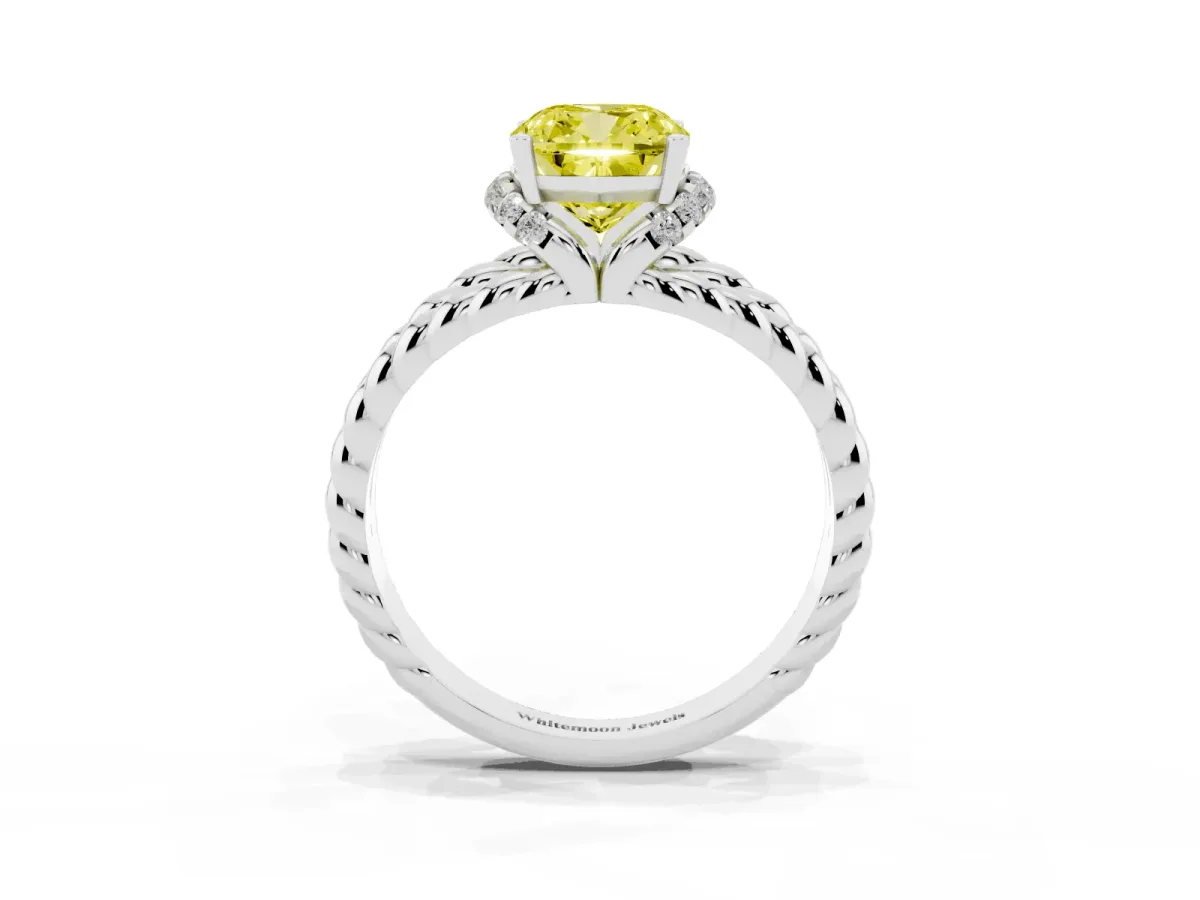 Fancy Yellow Cushion Cut Halo Twisted Band Four-Prong Ring Silver