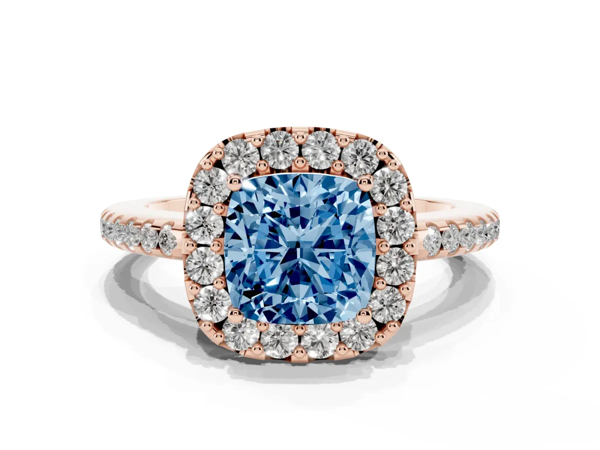 Fancy Blue Cushion Cut Diamond Pavé Halo Ring with Four-Prong Setting Rose gold