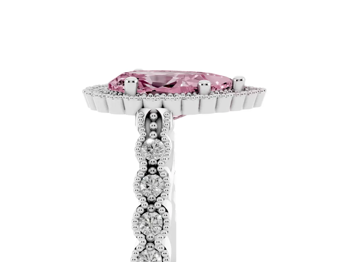 Fancy Pink Pear Cut Cut Halo Pavé Solitaire Ring with Milgrain Band Platinum