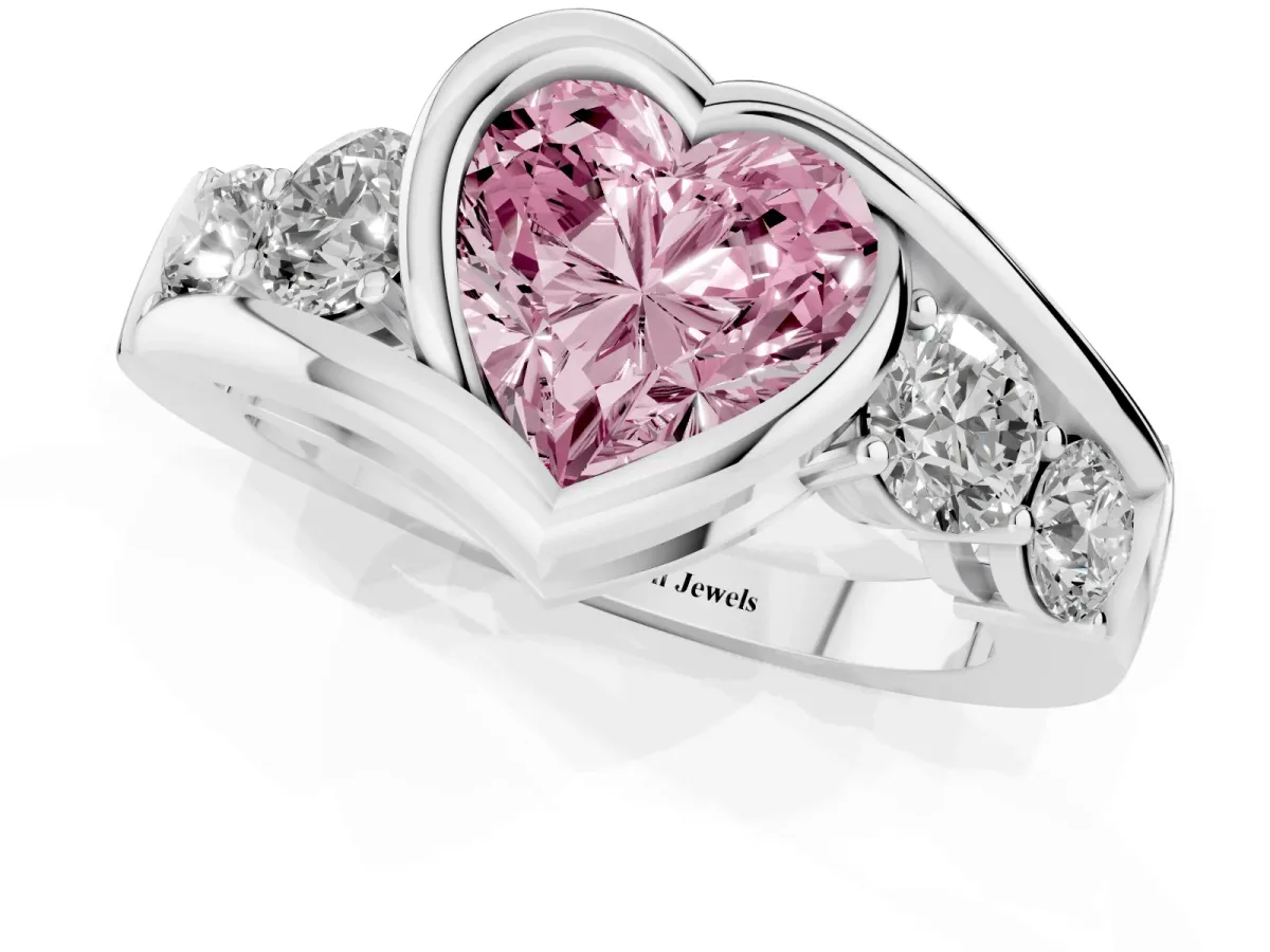 Fancy Pink Bezel Set Heart Cut Diamond Bypass Ring with Round Accents Platinum