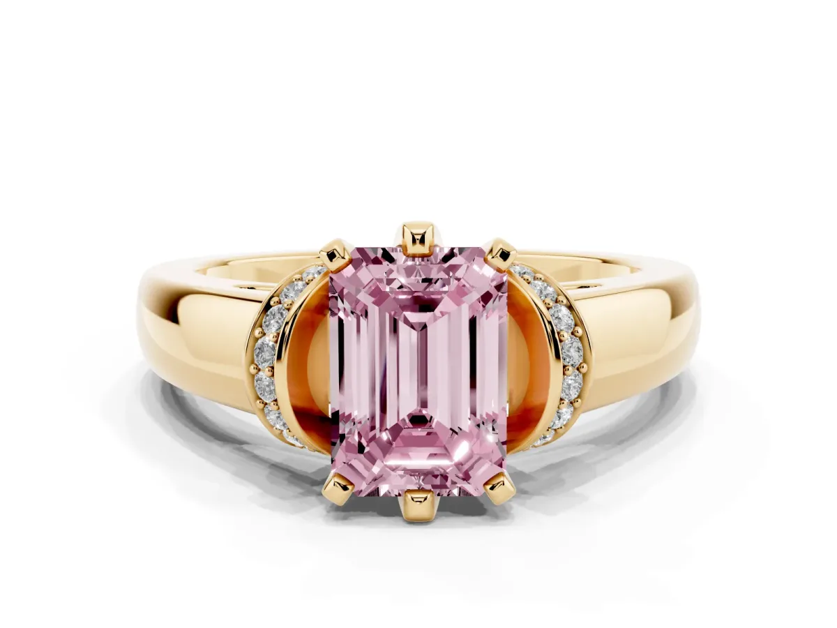 Fancy Pink Emerald Cut Solitaire Diamond Ring with Pave Band and Six-Prong Setting Yellow gold