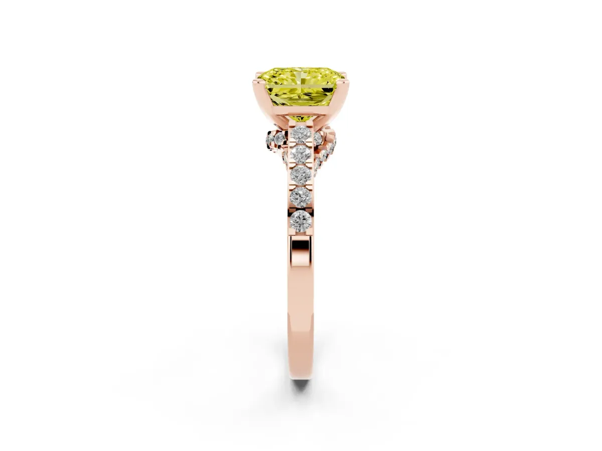 Fancy Yellow Radiant Cut Diamond Solitaire Ring with Crossover Gallery and Round Pavé Band Rose gold