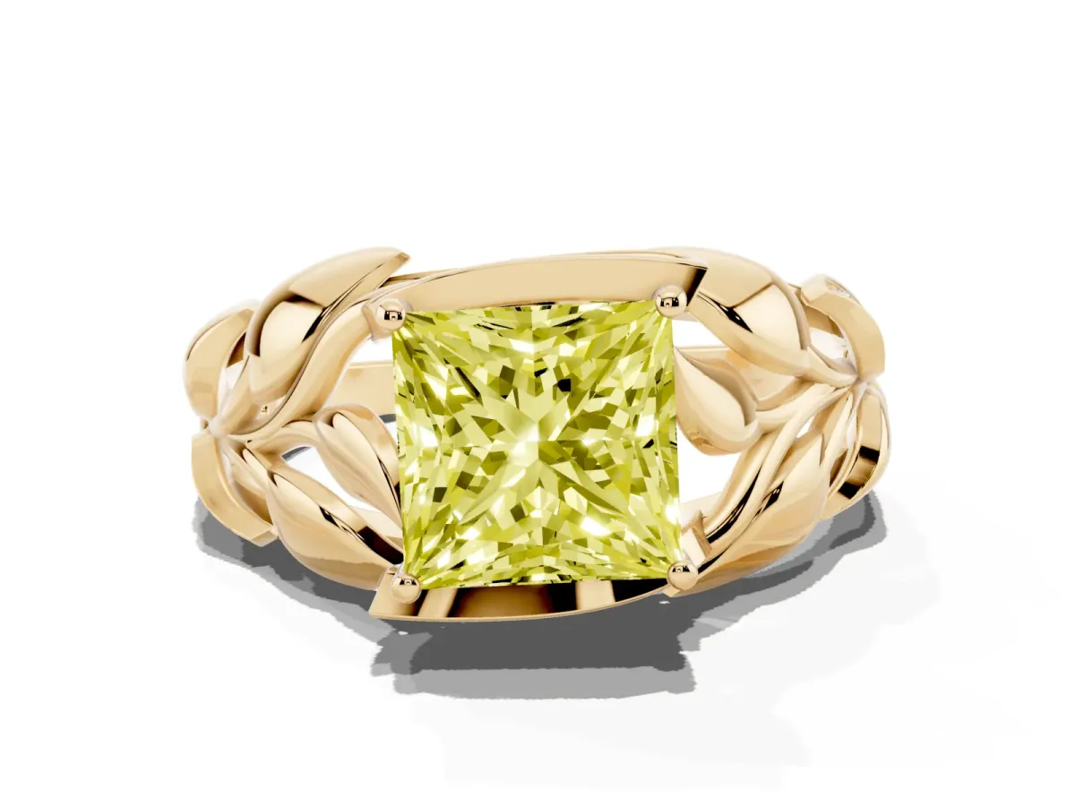 Fancy Yellow Princess Cut Diamond Leaf-Inspired Engagement Ring with Round Accents and Prong Setting Yellow gold