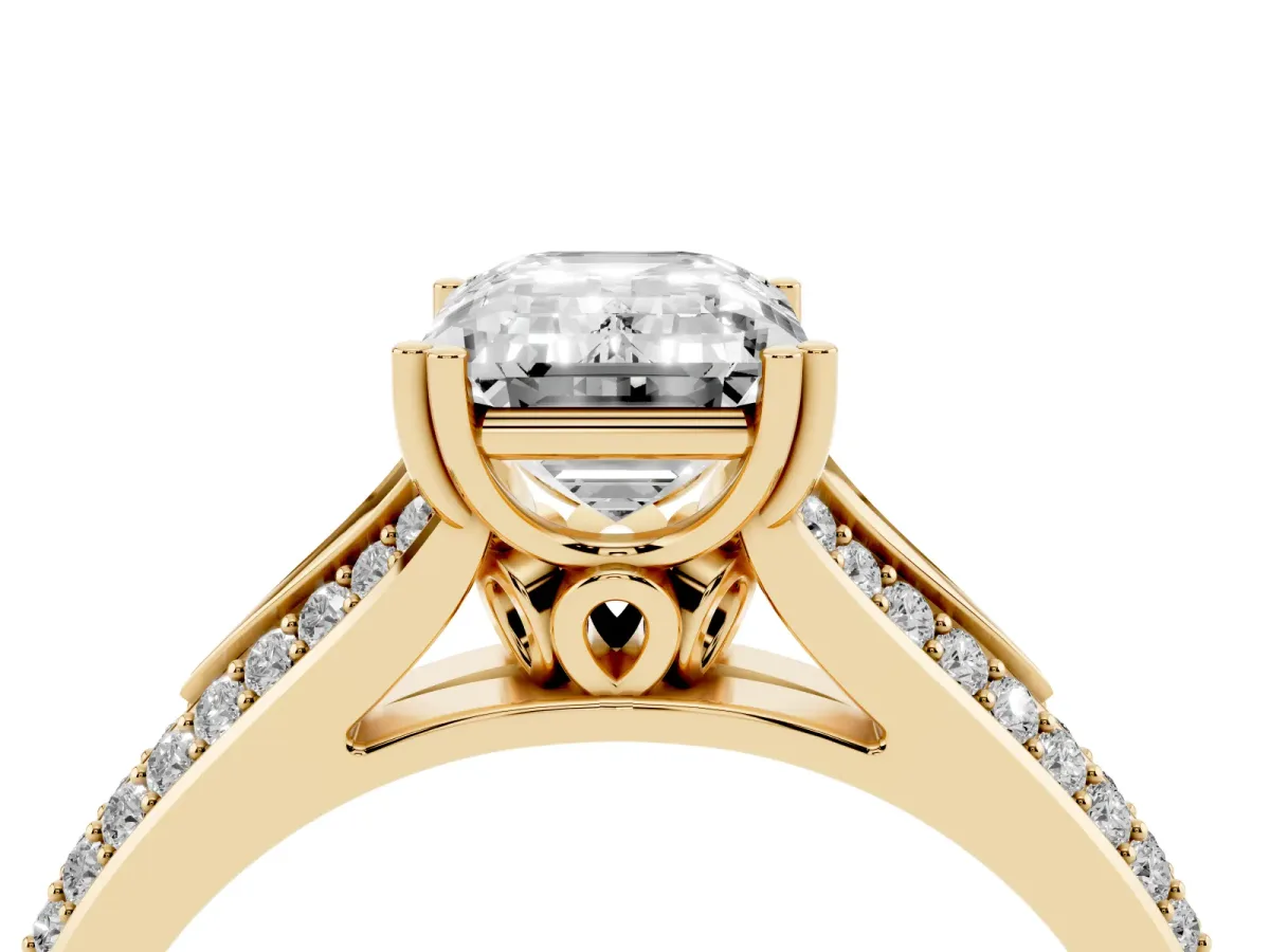Emerald Cut Diamond Split Shank Engagement Ring with Pavé Band Yellow gold