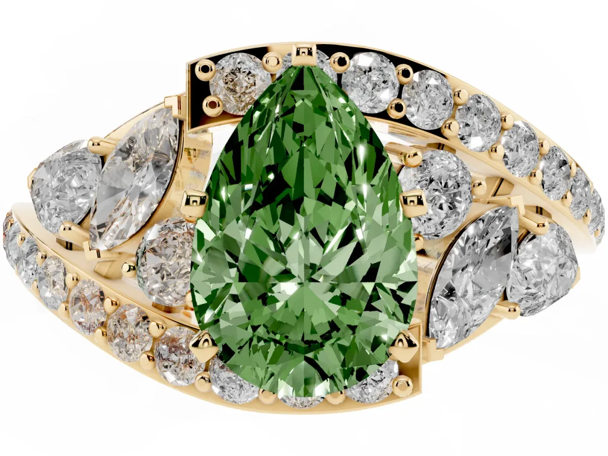 Fancy Green Pear Cut Diamond Halo Ring with Marquise and Pavé Band in Prong Setting Yellow gold