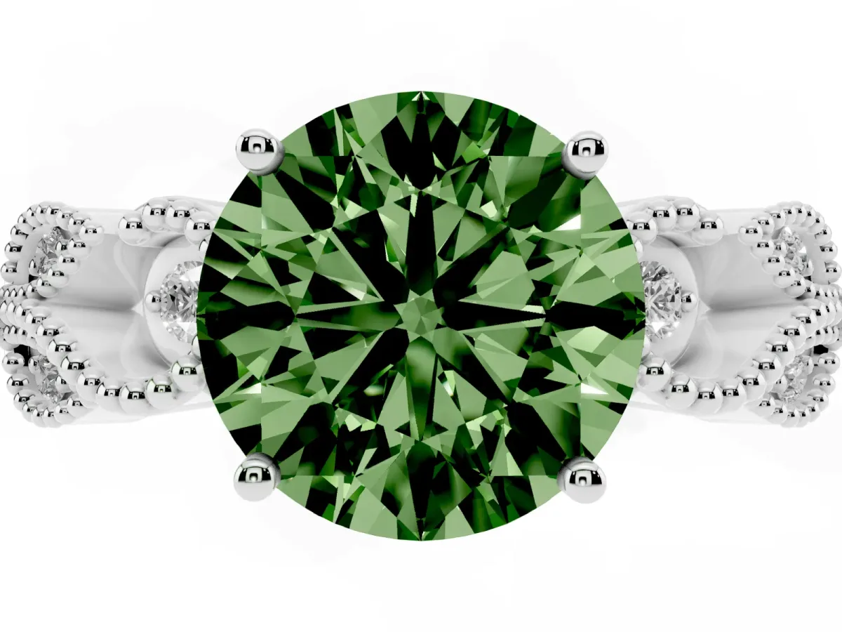 Fancy Green Round Cut Solitaire Milgrain Leaf Band with Prong Setting Silver