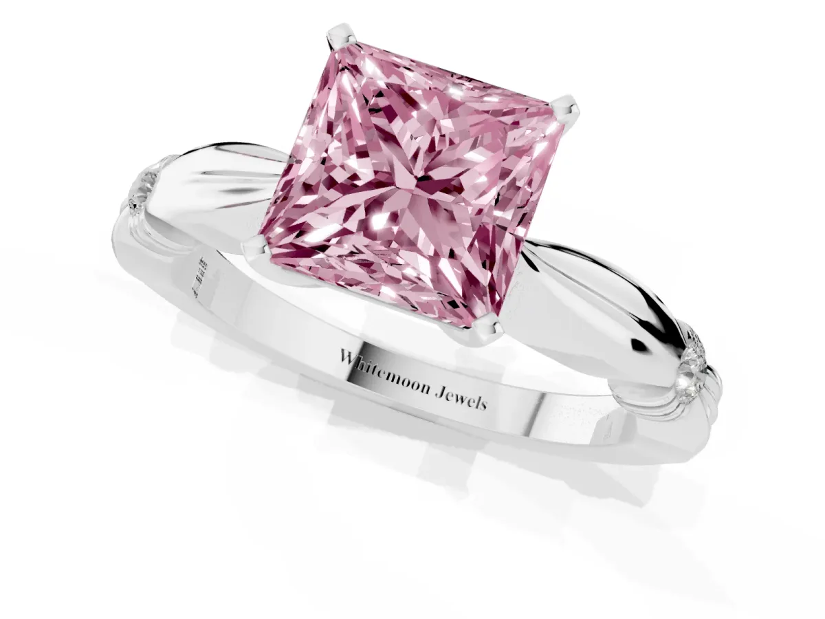 Fancy Pink Princess Cut Solitaire Diamond Twisted Band with Four-Prong Setting Silver