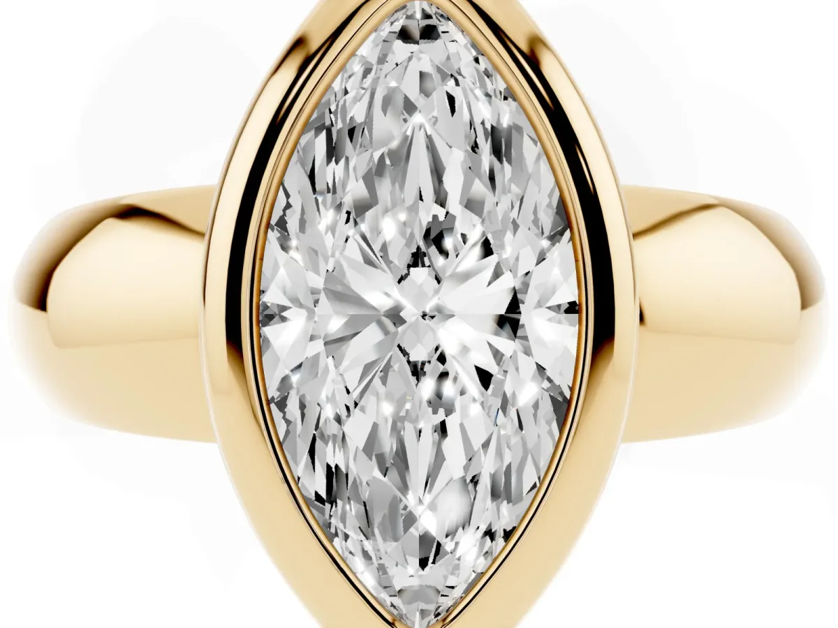 Bezel Set Marquise Cut Solitaire Ring with Wide Band Yellow gold
