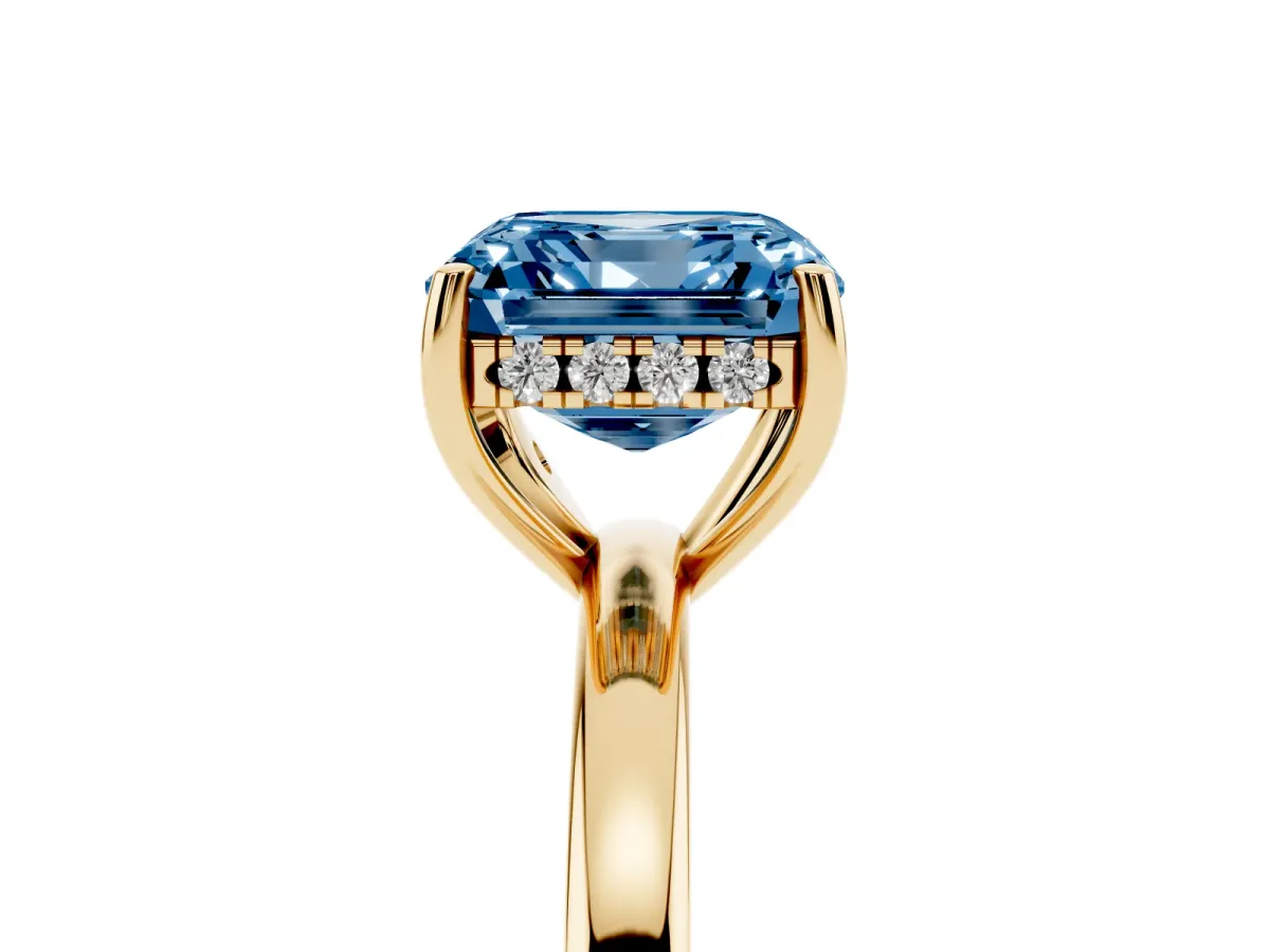 Fancy Blue Asscher Cut Solitaire Diamond Ring with Prong Setting and Plain Band Yellow gold