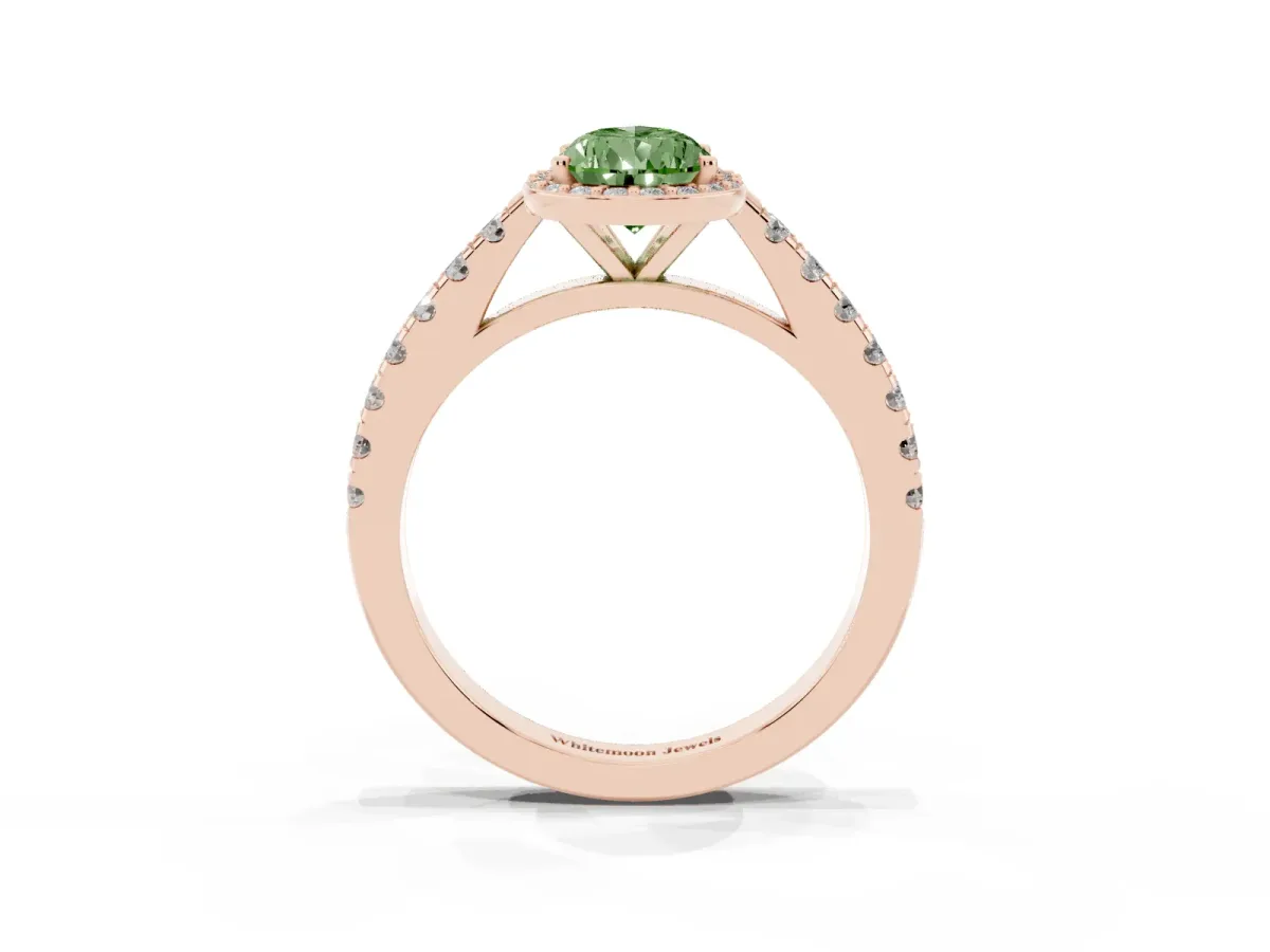 Fancy Green Pear Cut Cut Halo Diamond Engagement Ring with Pave Band and Four-Prong Setting Rose gold