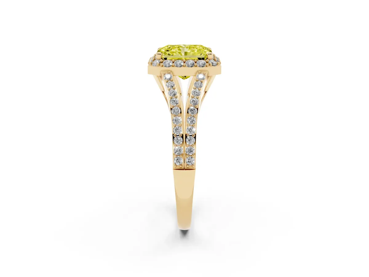 Fancy Yellow Radiant Cut Halo Split Shank Diamond Ring with Prong Setting Yellow gold