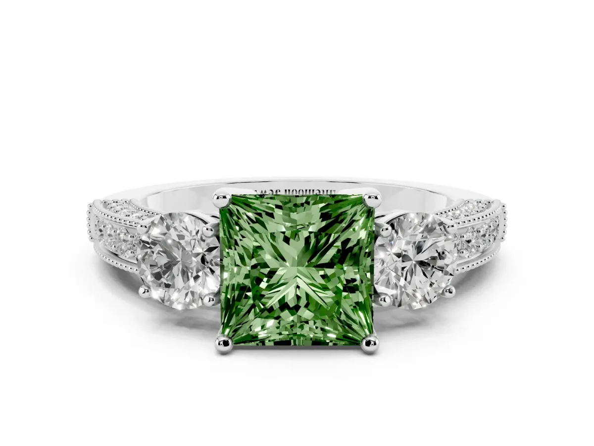 Fancy Green Princess Cut Three-Stone Diamond Ring with Pavé Band and Four-Prong Setting Silver