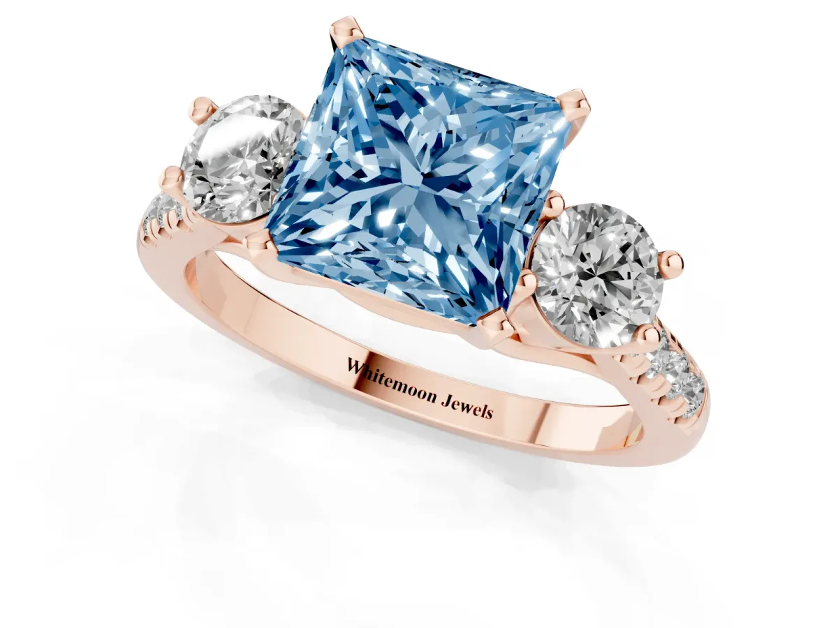Fancy Blue Three-Stone Princess Cut Diamond Pavé Band with Four-Prong Setting Rose gold