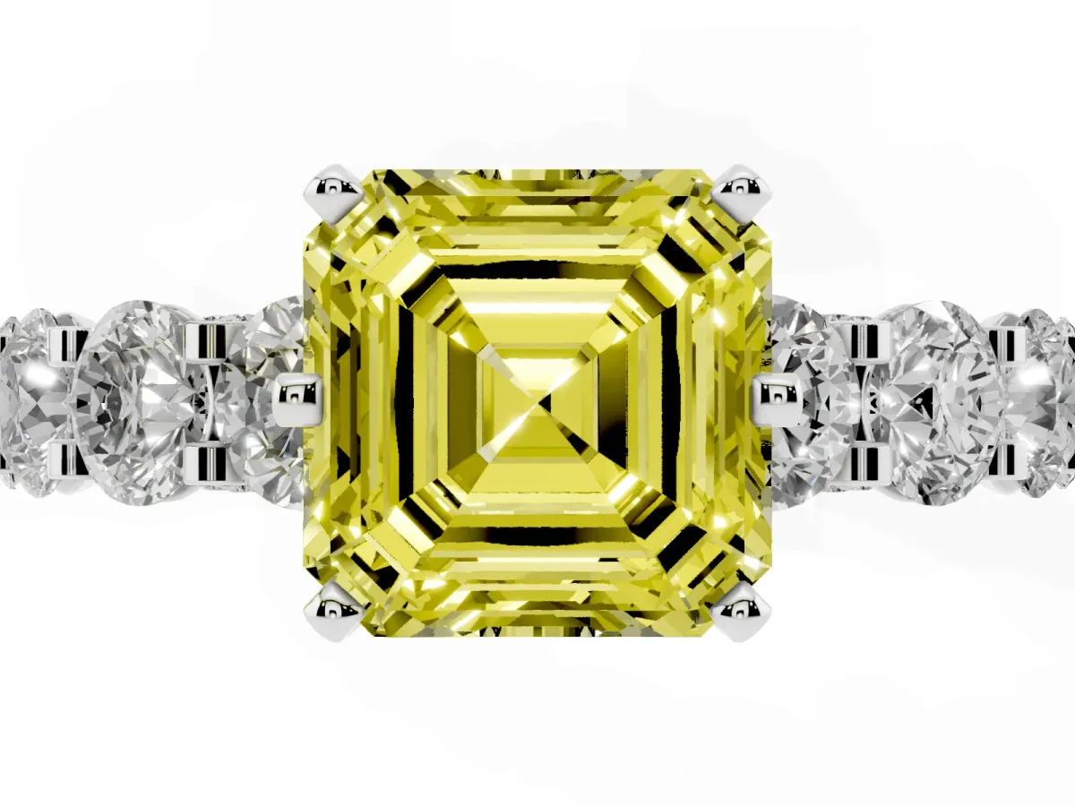 Fancy Yellow Asscher Cut Diamond Side Stone Engagement Ring with Four-Prong Setting White gold
