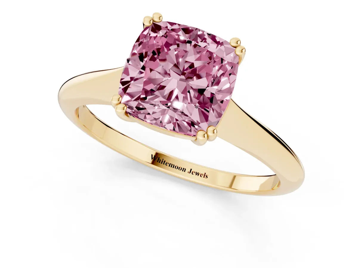 Fancy Pink Cushion Cut Solitaire Diamond Ring with Six-Prong Setting and Classic Band Yellow gold