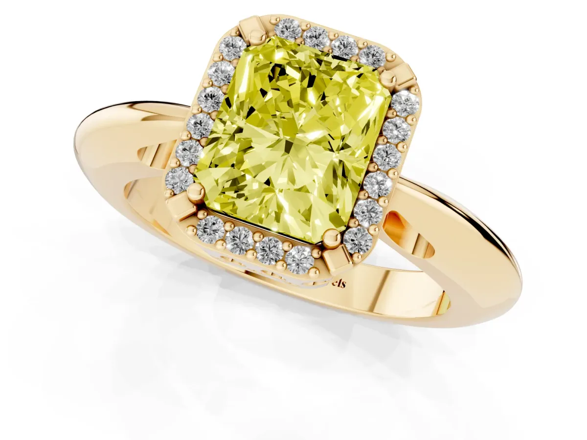 Fancy Yellow Radiant Cut Cut Diamond Halo Engagement Ring with Split Shank and Four-Prong Setting Yellow gold