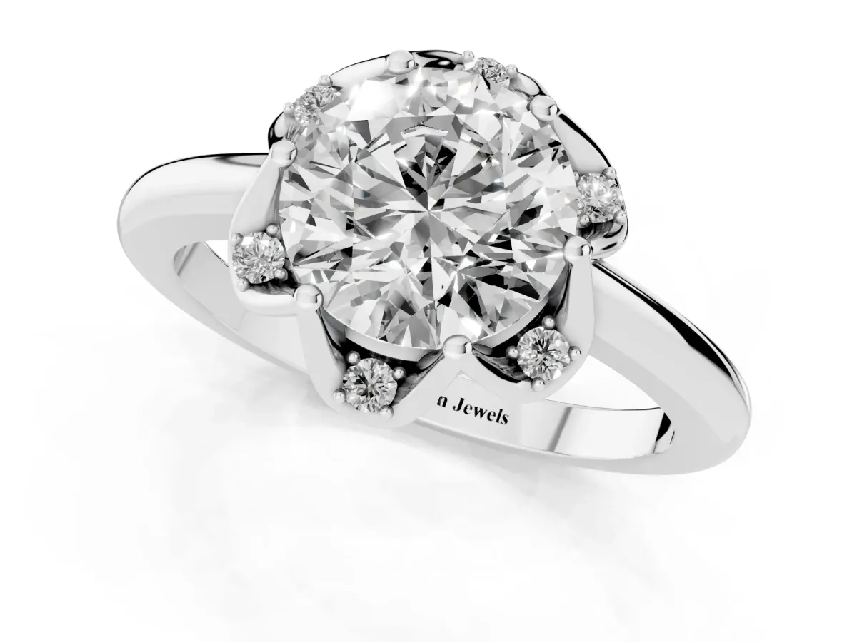 Round Cut Halo Diamond Ring with Round Cluster Setting, Solitaire Band, and Four-Prong Setting Silver