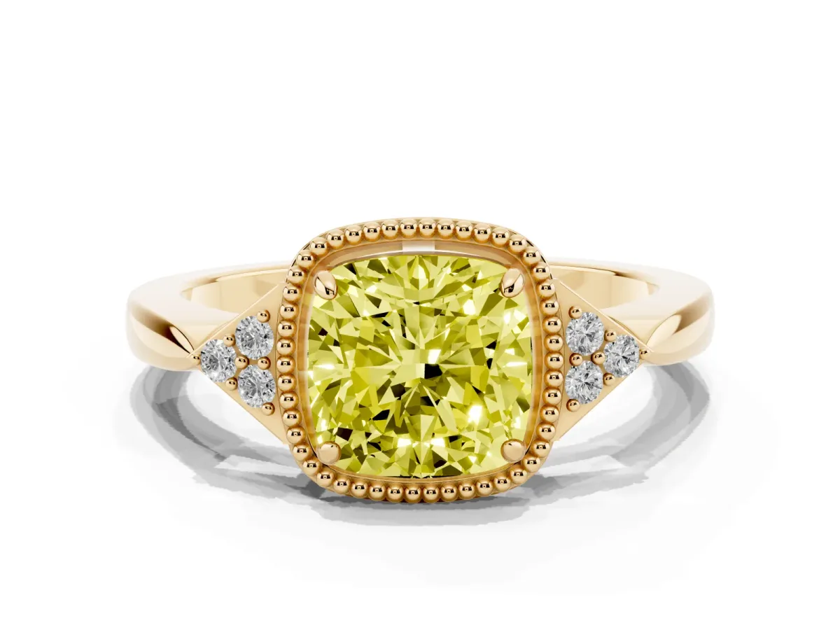Fancy Yellow Hexagonal Halo Cushion Cut Diamond Solitaire with Pavé Band and Four-Prong Setting Yellow gold