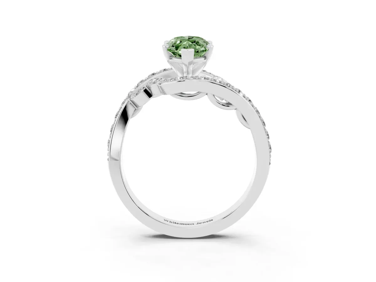 Fancy Green Marquise Cut Solitaire with Pavé Twist Band and Four-Prong Setting White gold