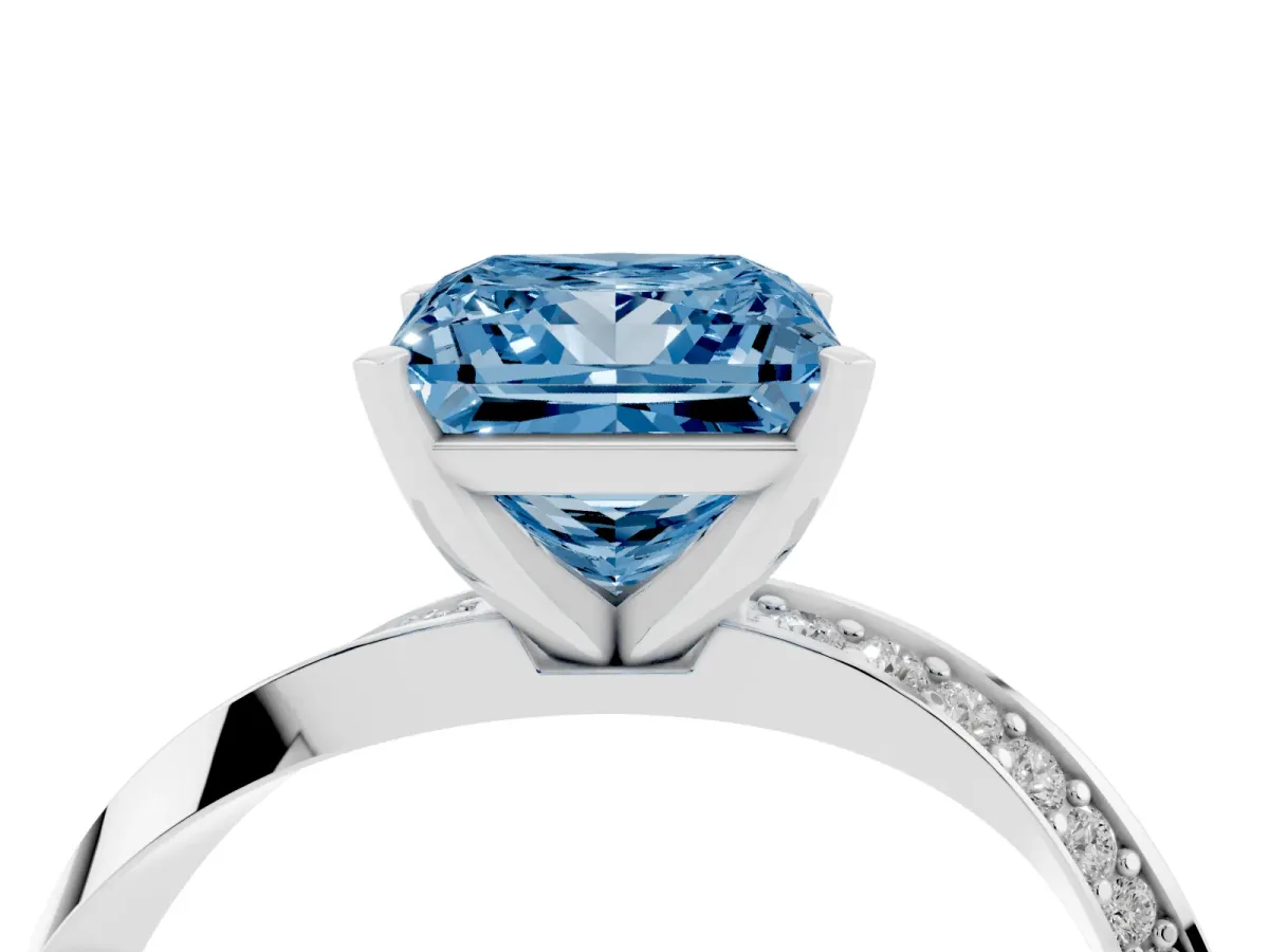 Fancy Blue Princess Cut Diamond Engagement Ring with Side Stone Accents and Four-Prong Setting Platinum