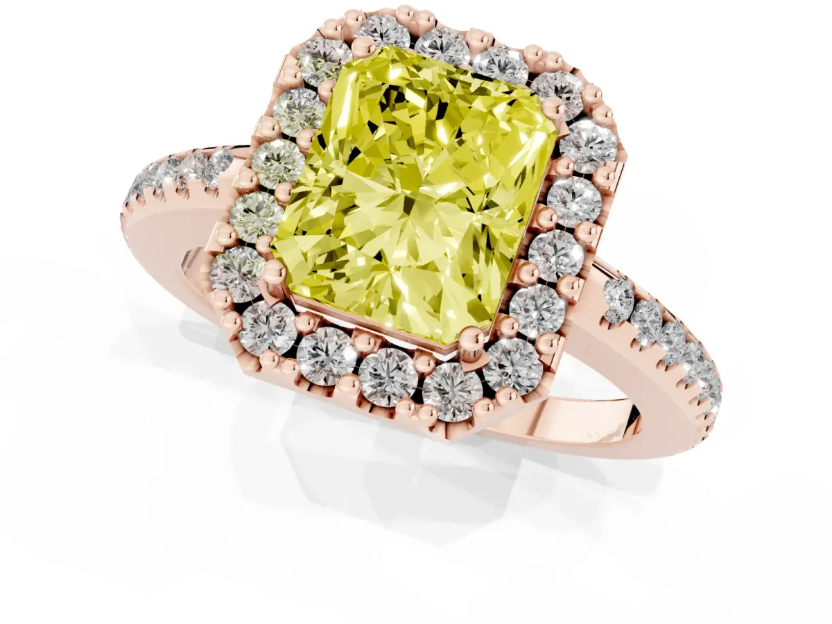 Fancy Yellow Radiant Cut Diamond Pavé Halo Ring with Four-Prong Setting Rose gold