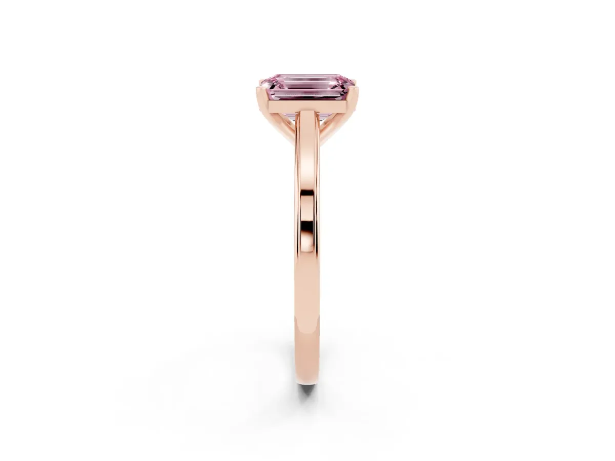 Fancy Pink Emerald Cut Solitaire Diamond Ring with Four-Prong Setting and Classic Band Rose gold