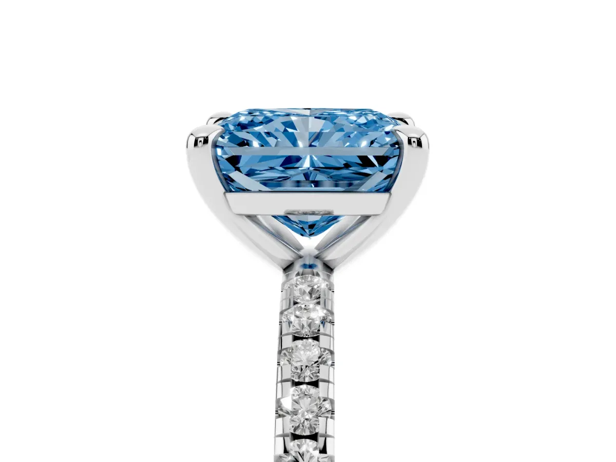 Fancy Blue Radiant Cut Diamond Brilliant Solitaire Ring with Pavé Band and Four-Prong Setting Silver